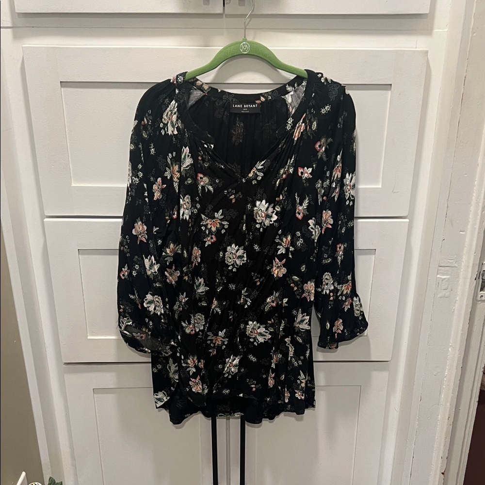 Lane Bryant Black Floral Peasant Top with Pink and Cream Blooms